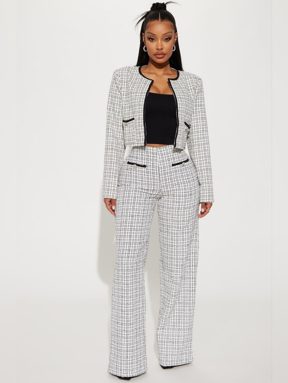 Fashion Nova TARA Tweed Pants Set Cropped Jacket Wide Leg Pants SZLG